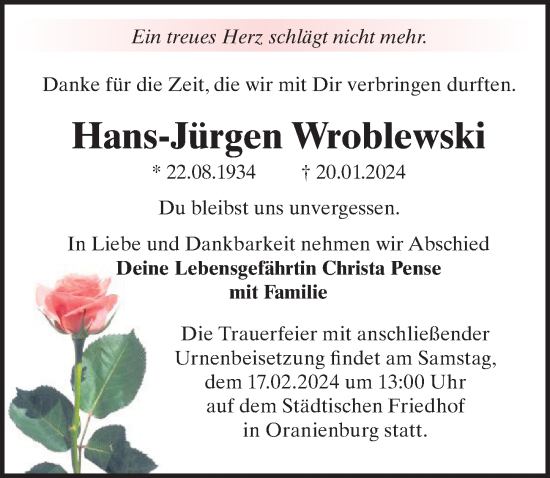 Traueranzeige von Hans-Jürgen Wroblewski von Märkischen Allgemeine Zeitung