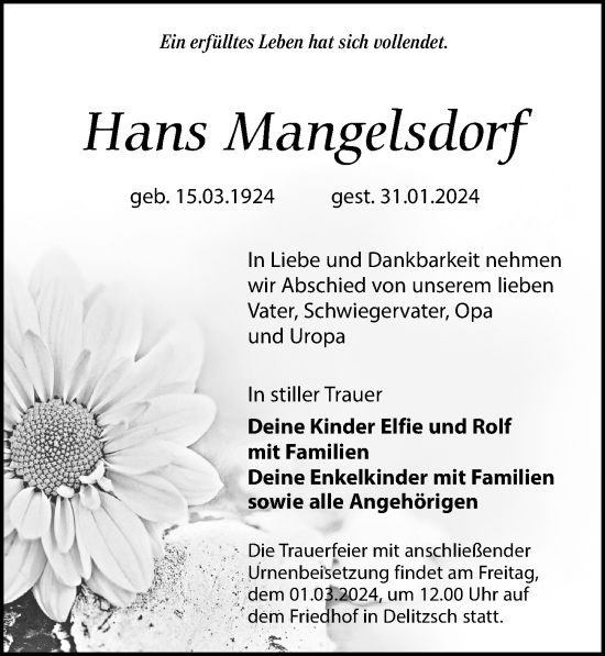 Traueranzeige von Hans Mangelsdorf von Leipziger Volkszeitung