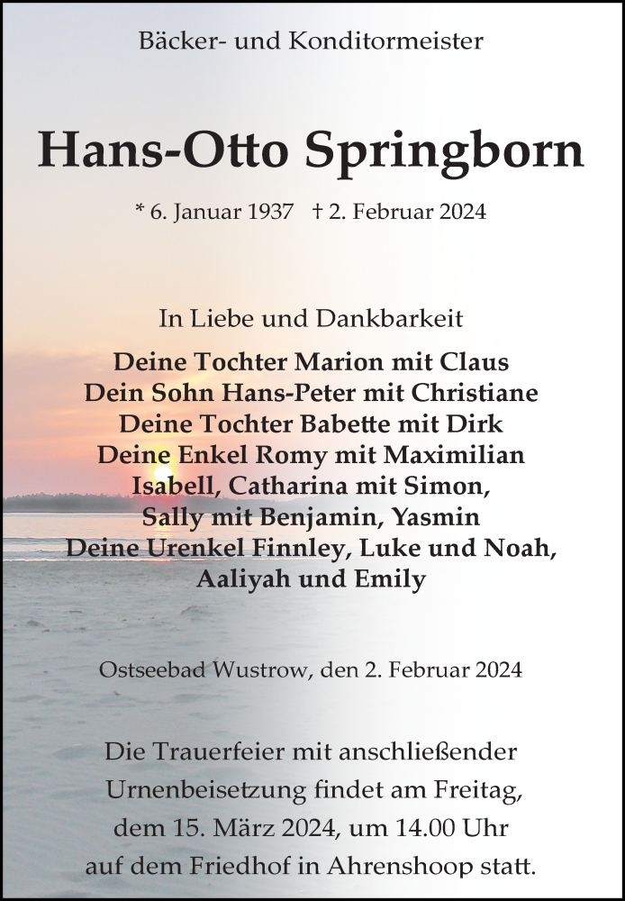  Traueranzeige für Hans-Otto Springborn vom 10.02.2024 aus Ostsee-Zeitung GmbH