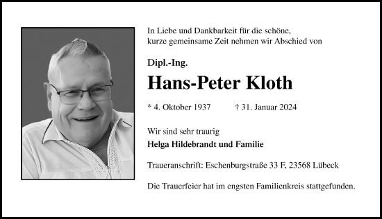 Traueranzeige von Hans-Peter Kloth von Lübecker Nachrichten
