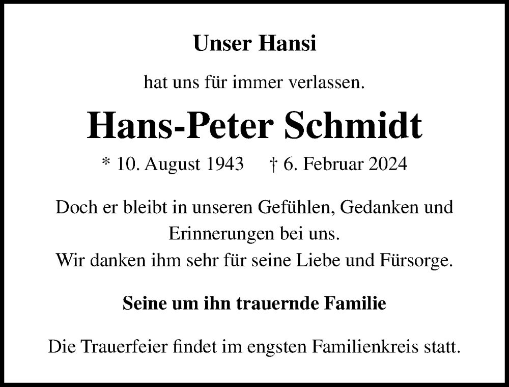  Traueranzeige für Hans-Peter Schmidt vom 11.02.2024 aus Lübecker Nachrichten