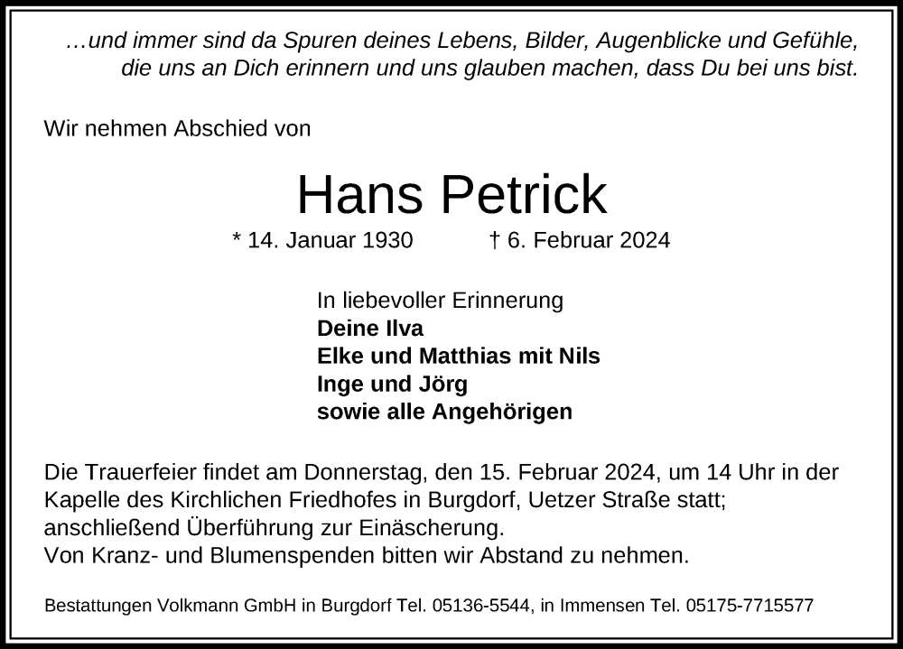  Traueranzeige für Hans Petrick vom 10.02.2024 aus Hannoversche Allgemeine Zeitung/Neue Presse