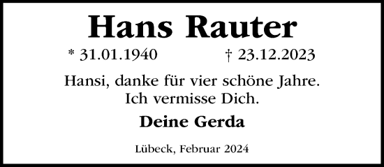 Traueranzeige von Hans Rauter von Lübecker Nachrichten