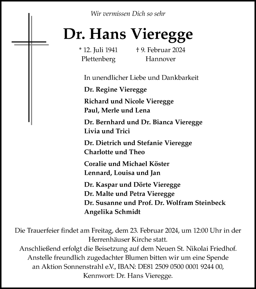  Traueranzeige für Hans Vieregge vom 17.02.2024 aus Hannoversche Allgemeine Zeitung/Neue Presse