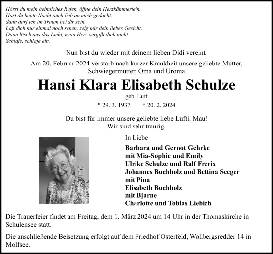 Traueranzeigen von Hansi Klara Elisabeth Schulze | trauer-anzeigen.de