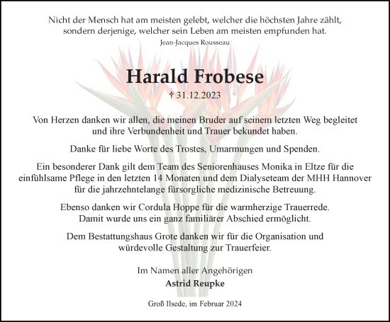 Traueranzeige von Harald Frobese von Peiner Allgemeine Zeitung