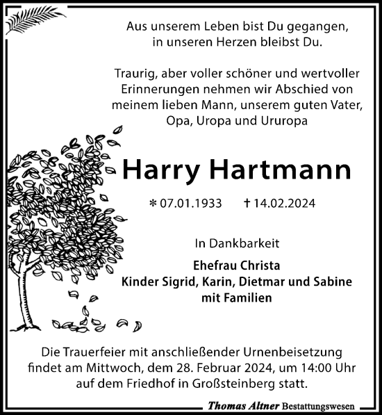 Traueranzeige von Harry Hartmann von Leipziger Volkszeitung