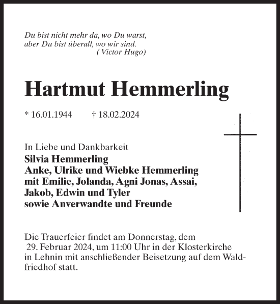 Traueranzeige von Hartmut Hemmerling von Märkischen Allgemeine Zeitung