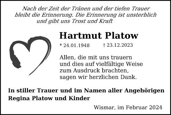 Traueranzeige von Hartmut Platow von Ostsee-Zeitung GmbH