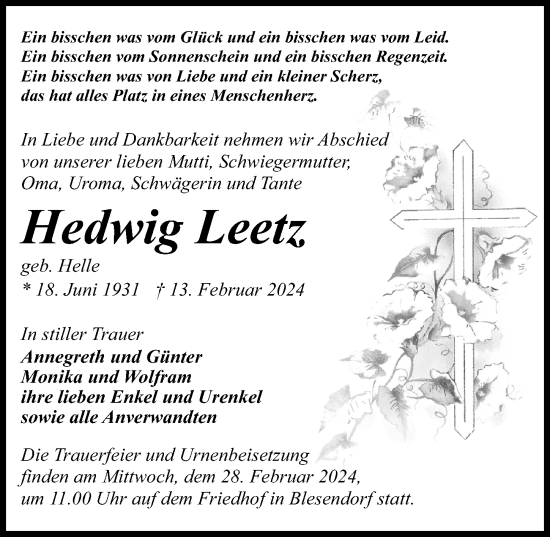 Traueranzeige von Hedwig Leetz von Wochenspiegel