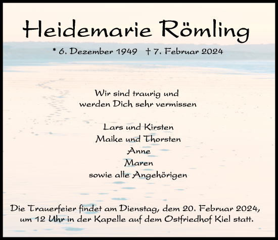 Traueranzeige von Heidemarie Römling von Kieler Nachrichten