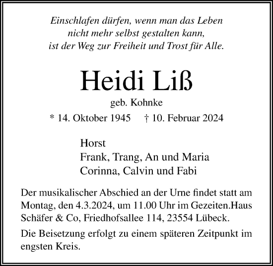 Traueranzeige von Heidi Liß von Lübecker Nachrichten