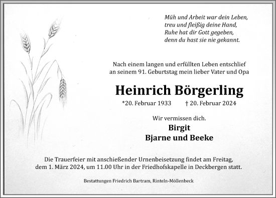 Traueranzeige von Heinrich Börgerling von Schaumburger Nachrichten und Schaumburger Zeitung/ Landes-Zeitung