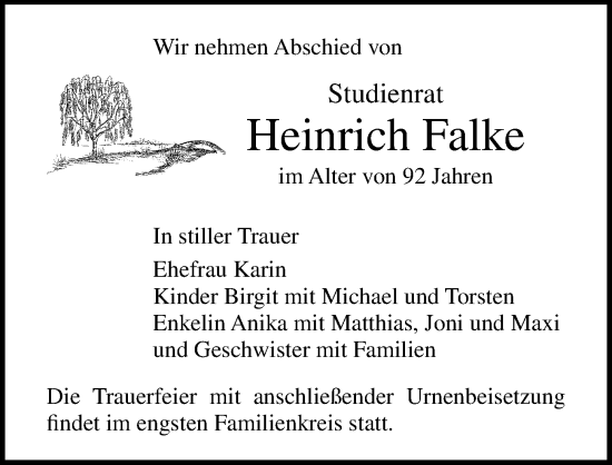 Traueranzeige von Heinrich Falke von Ostsee-Zeitung GmbH
