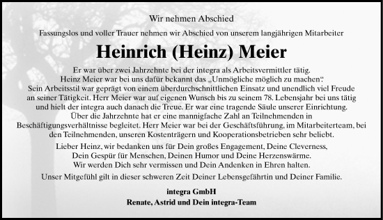 Traueranzeige von Heinrich Meier von Schaumburger Nachrichten