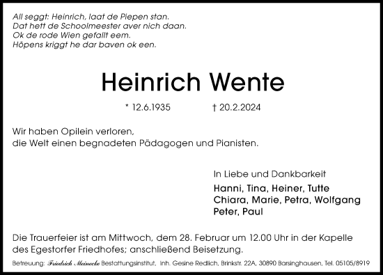 Traueranzeige von Heinrich Wente von Hannoversche Allgemeine Zeitung/Neue Presse