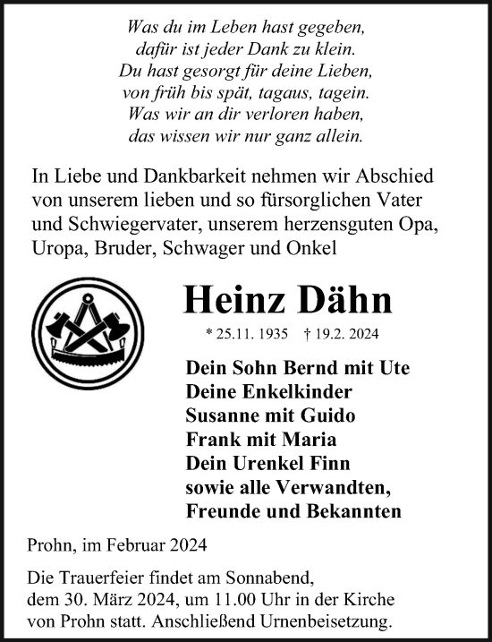Traueranzeige von Heinz Dähn von Ostsee-Zeitung GmbH