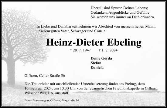 Traueranzeige von Heinz-Dieter Ebeling von Aller Zeitung