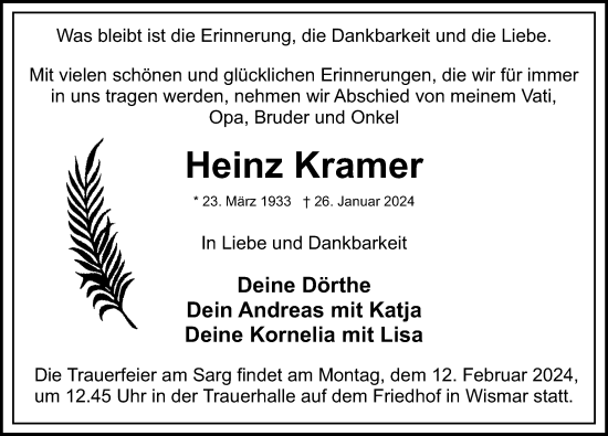 Traueranzeige von Heinz Kramer von Ostsee-Zeitung GmbH