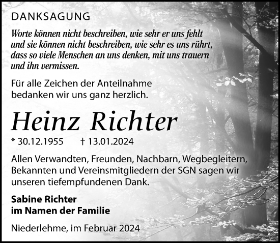 Traueranzeige von Heinz Richter von Märkischen Allgemeine Zeitung
