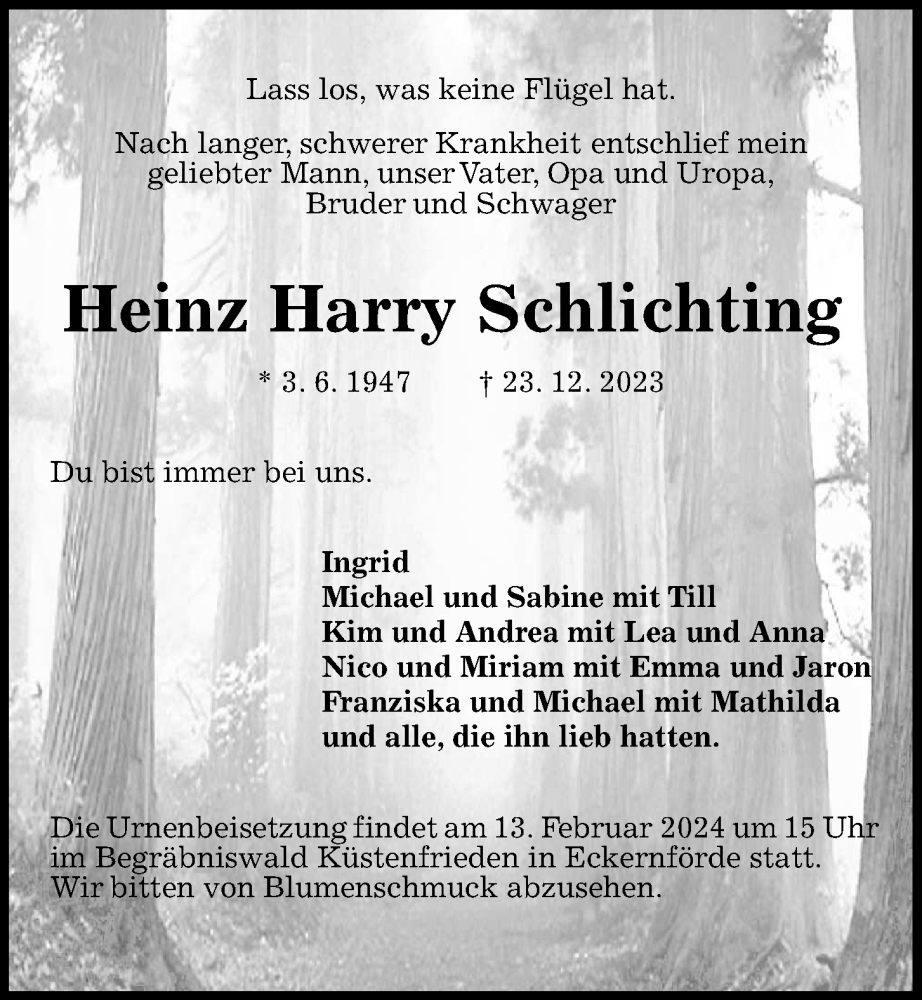  Traueranzeige für Heinz Harry Schlichting vom 03.02.2024 aus Kieler Nachrichten