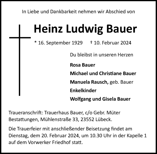 Traueranzeige von Heinz Ludwig Bauer von Lübecker Nachrichten