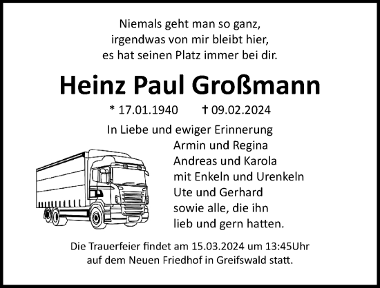 Traueranzeige von Heinz Paul Großmann von Ostsee-Zeitung GmbH