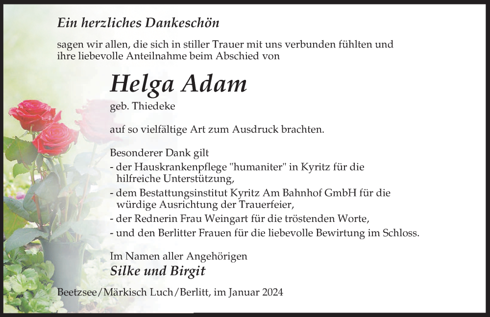  Traueranzeige für Helga Adam vom 03.02.2024 aus Wochenspiegel