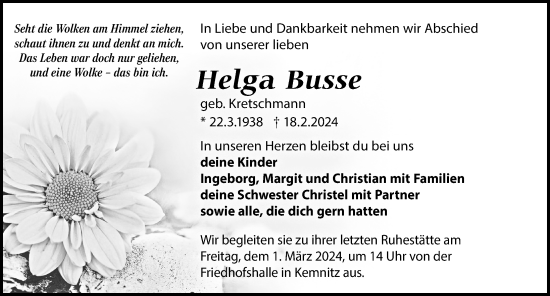 Traueranzeige von Helga Busse von Wochenspiegel