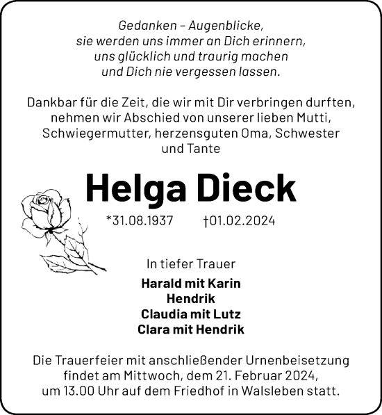 Traueranzeige von Helga Dieck von Märkischen Allgemeine Zeitung