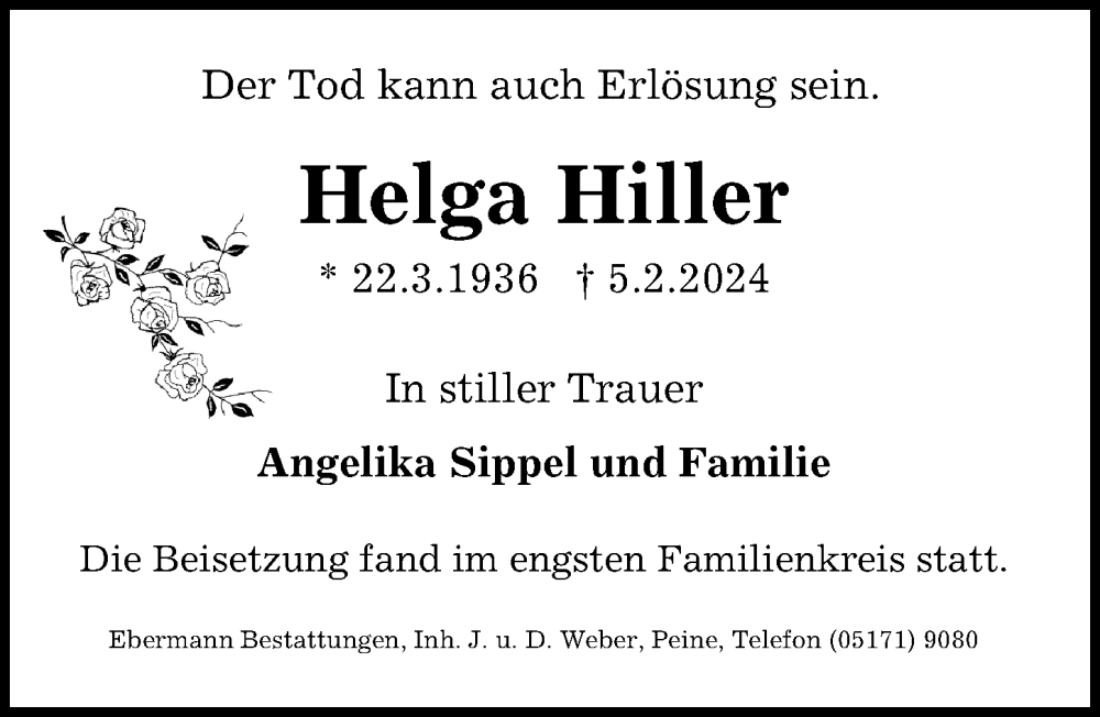  Traueranzeige für Helga Hiller vom 24.02.2024 aus Peiner Allgemeine Zeitung