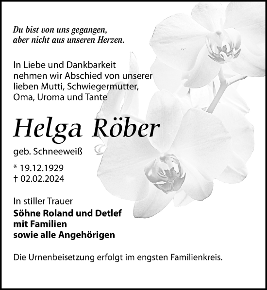 Traueranzeige von Helga Röber von Leipziger Volkszeitung