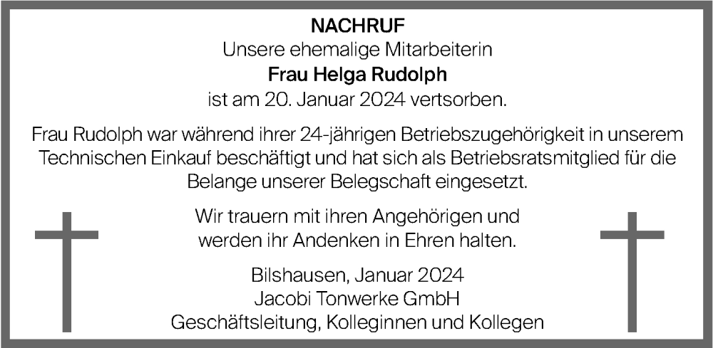  Traueranzeige für Helga Rudolph vom 03.02.2024 aus Eichsfelder Tageblatt