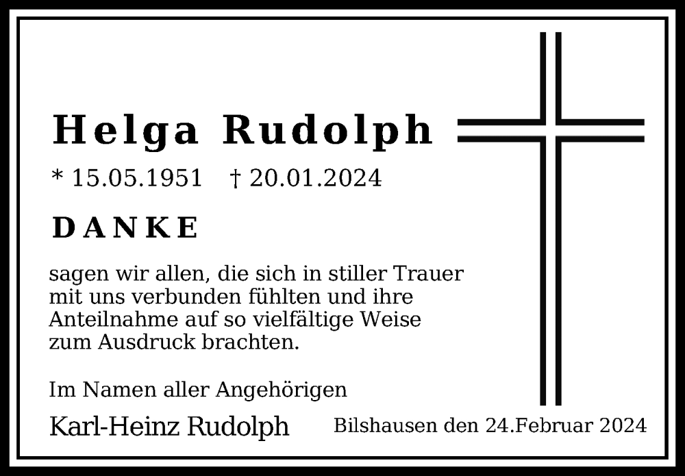  Traueranzeige für Helga Rudolph vom 24.02.2024 aus Eichsfelder Tageblatt