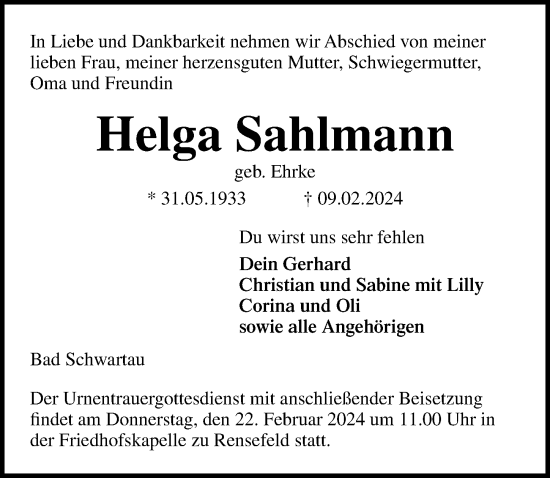 Traueranzeige von Helga Sahlmann von Lübecker Nachrichten