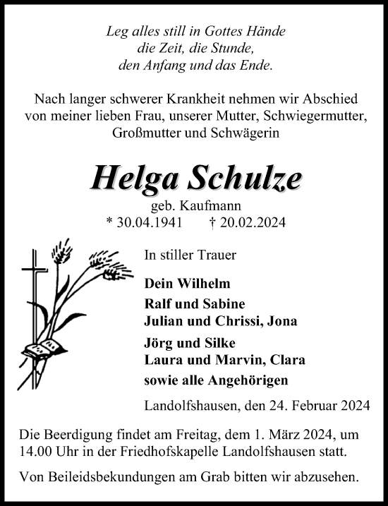Traueranzeige von Helga Schulze von Göttinger Tageblatt