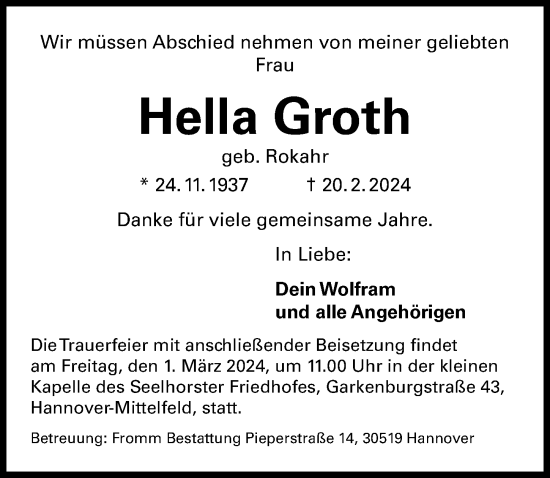 Traueranzeige von Hella Groth von Hannoversche Allgemeine Zeitung/Neue Presse