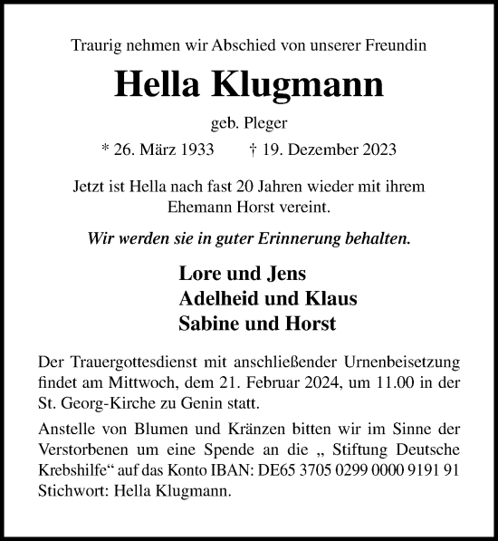 Traueranzeige von Hella Klugmann von Lübecker Nachrichten
