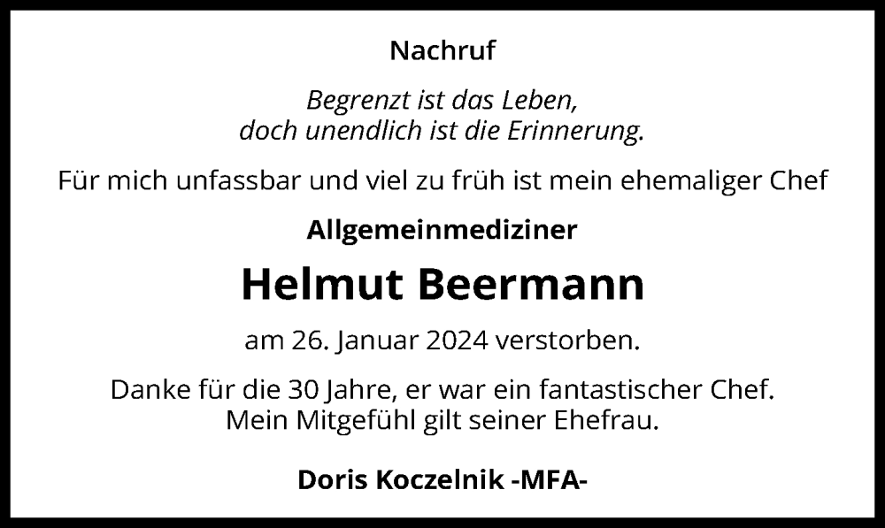  Traueranzeige für Helmut Beermann vom 03.02.2024 aus Hannoversche Allgemeine Zeitung/Neue Presse