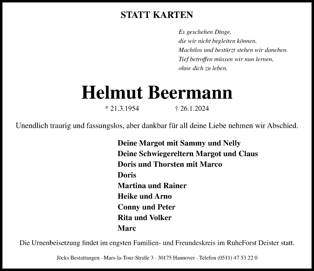  Traueranzeige für Helmut Beermann vom 03.02.2024 aus Hannoversche Allgemeine Zeitung/Neue Presse