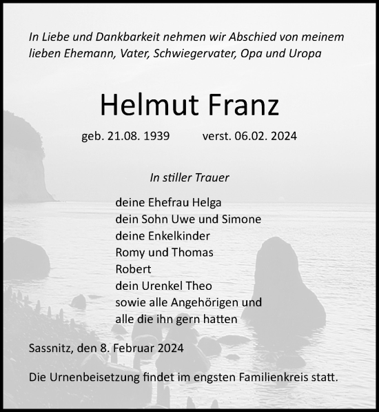 Traueranzeige von Helmut Franz von Ostsee-Zeitung GmbH