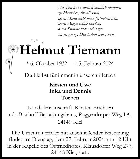 Traueranzeige von Helmut Tiemann von Kieler Nachrichten