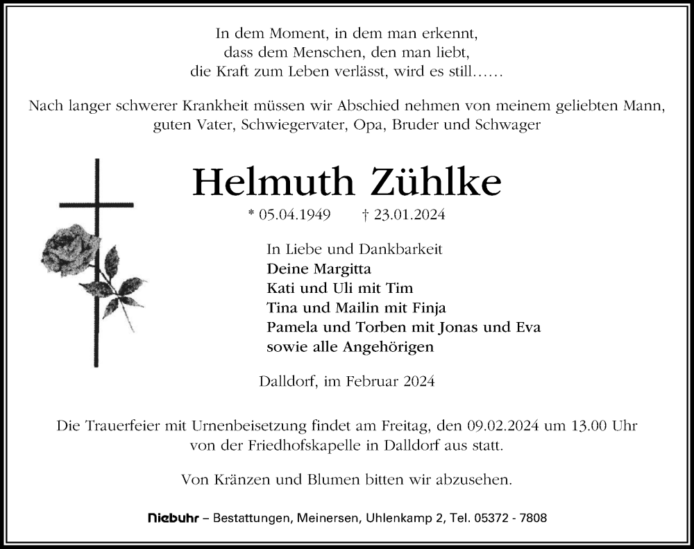  Traueranzeige für Helmuth Zühlke vom 03.02.2024 aus Aller Zeitung