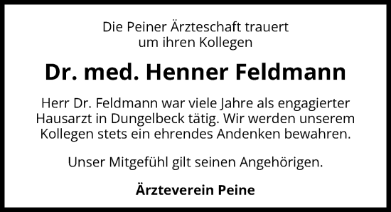 Traueranzeige von Henner Feldmann von Peiner Allgemeine Zeitung