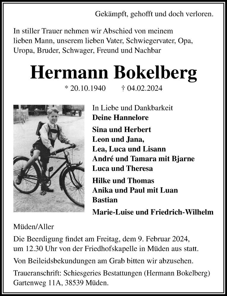  Traueranzeige für Hermann Bokelberg vom 07.02.2024 aus Aller Zeitung