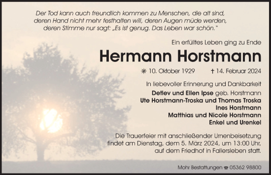 Traueranzeige von Hermann Horstmann von Aller Zeitung
