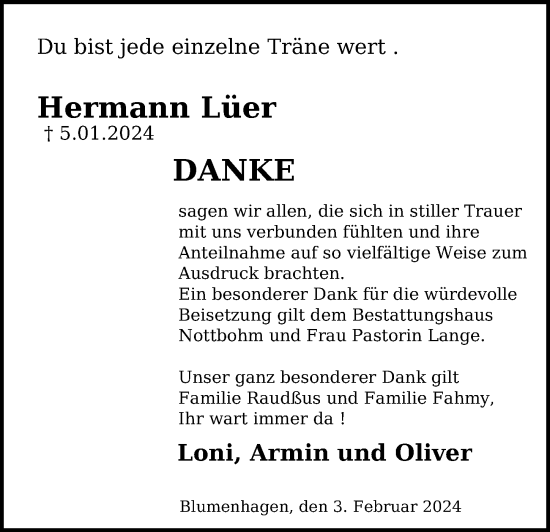 Traueranzeige von Hermann Lüer von Peiner Allgemeine Zeitung