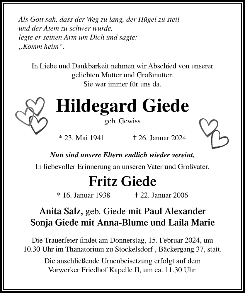  Traueranzeige für Hildegard Giede vom 11.02.2024 aus Lübecker Nachrichten