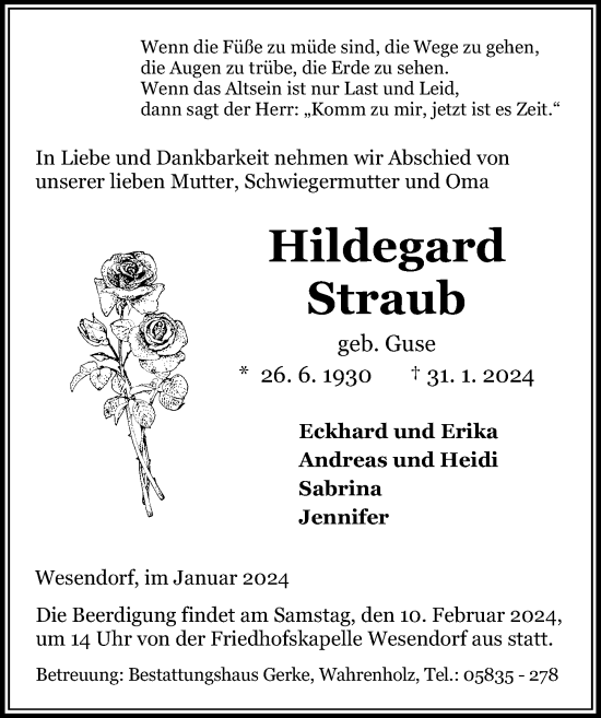 Traueranzeige von Hildegard Straub von Aller Zeitung