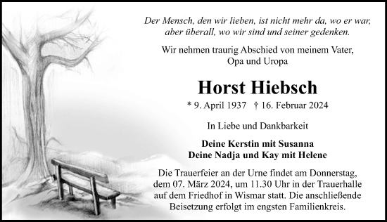 Traueranzeige von Horst Hiebsch von Ostsee-Zeitung GmbH